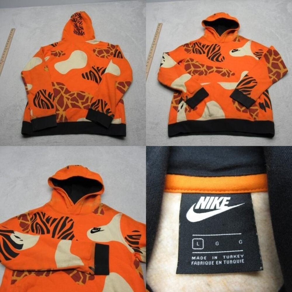 Nike Hoodie Youth Large Orange Animal Print Pockets Fleece Pullover Sweatshirt